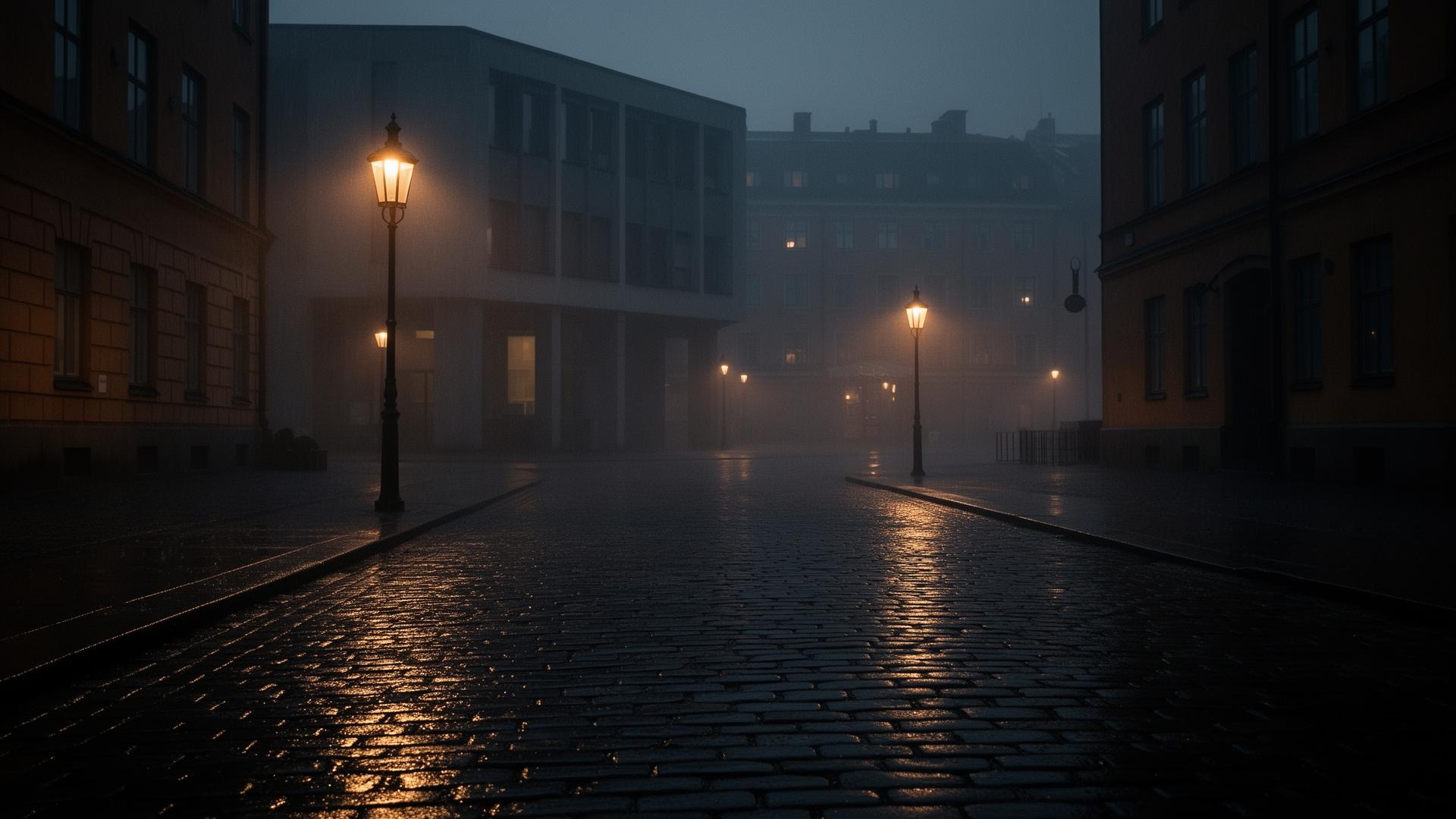 Wet cobblestone street in Stockholm at night